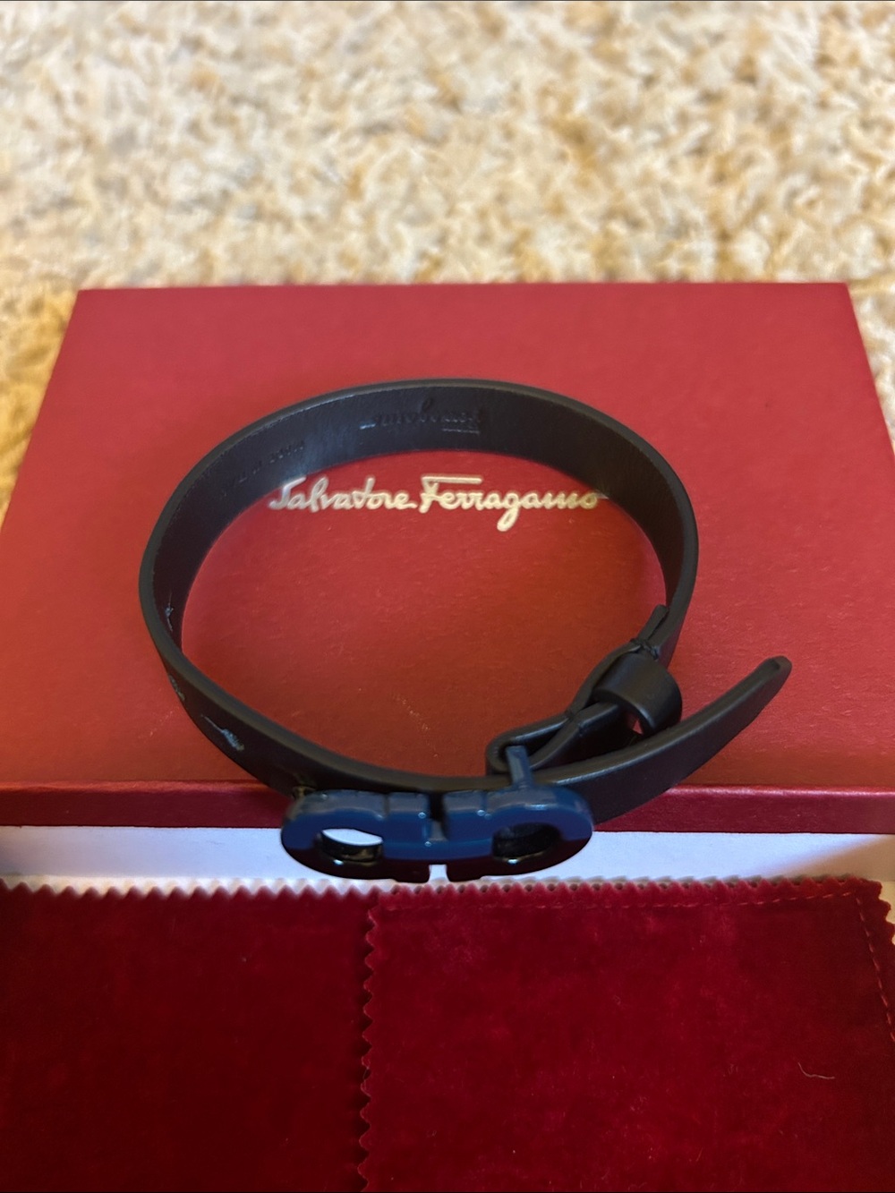 Salvatore Ferragamo Black Leather Bracelet with Matte Black Gancini